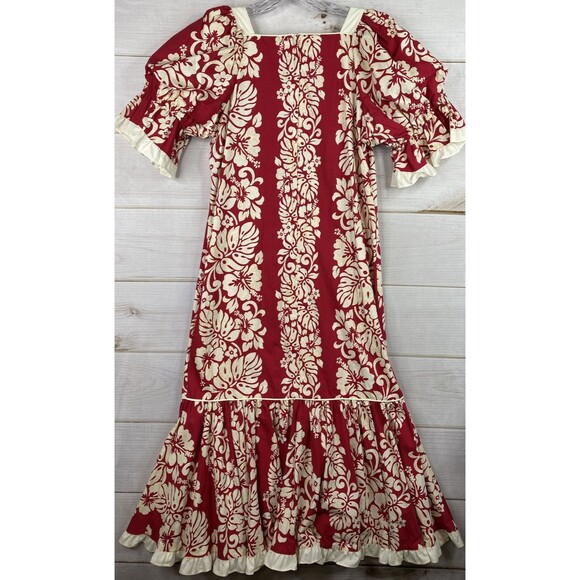 Royal Creations Hawaiian Dress L Red Hibiscus Muumuu Maxi Ruffle On/Off Shoulde - Picture 10 of 11
